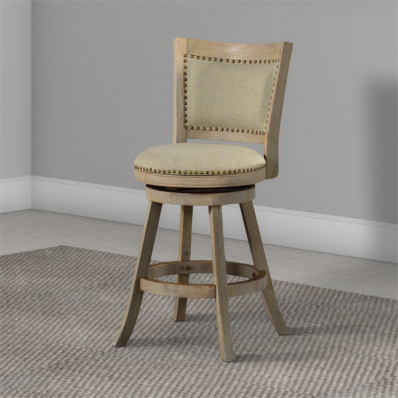 Benjara Curved Back Wood Swivel Counter Stool -Brush/Ivory