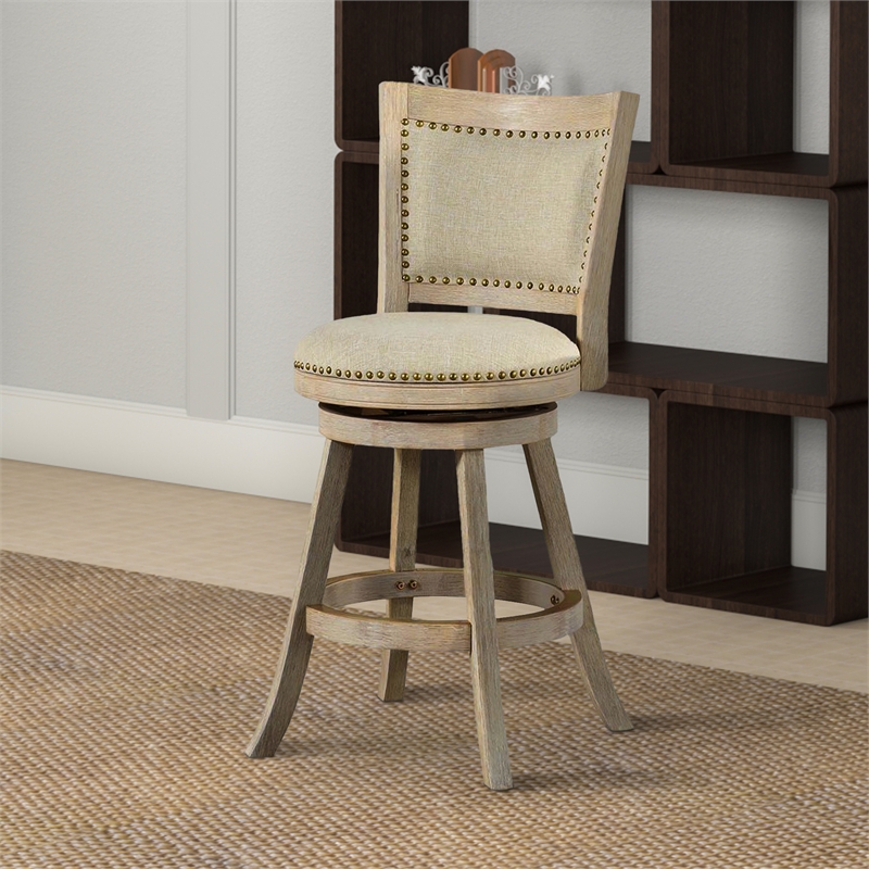 Benjara Curved Back Wood Swivel Counter Stool -Brush/Ivory
