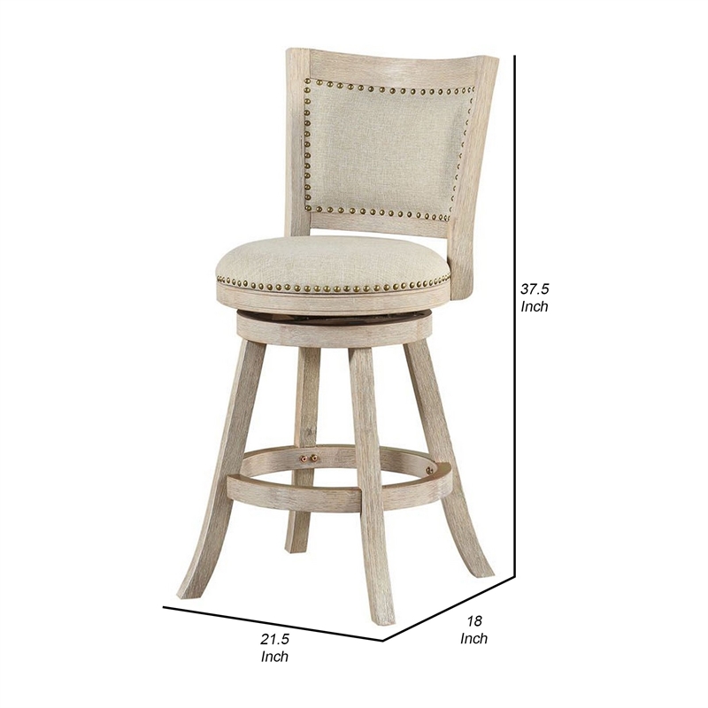 Benjara Curved Back Wood Swivel Counter Stool -Brush/Ivory