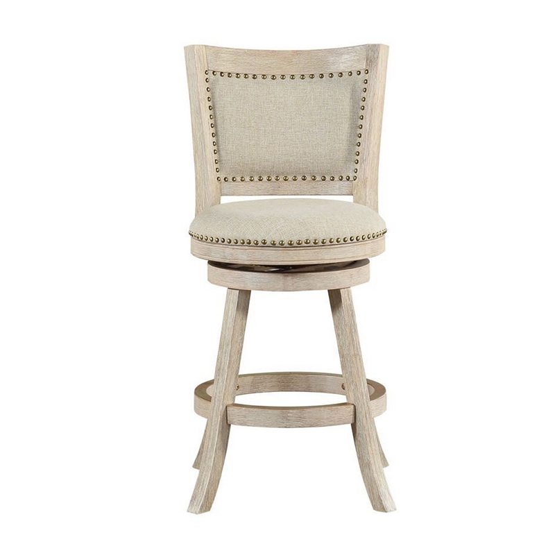 Benjara Curved Back Wood Swivel Counter Stool -Brush/Ivory
