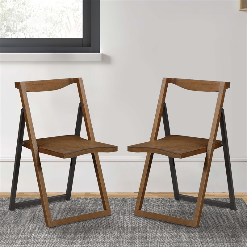 Benjara Curved Trim Panel Back Foldable Chair - Brown (Set of 2)