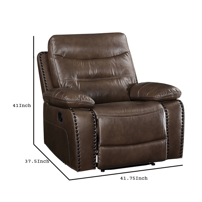 Benjara Leatherette Power Recliner with Nailhead Trim Accent- Brown