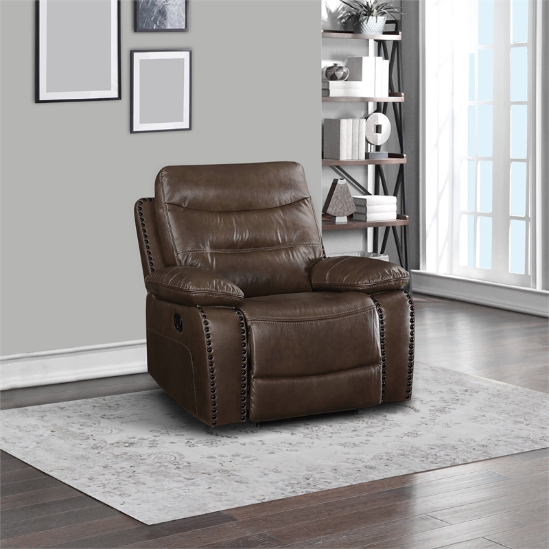 Benjara Leatherette Power Recliner with Nailhead Trim Accent- Brown
