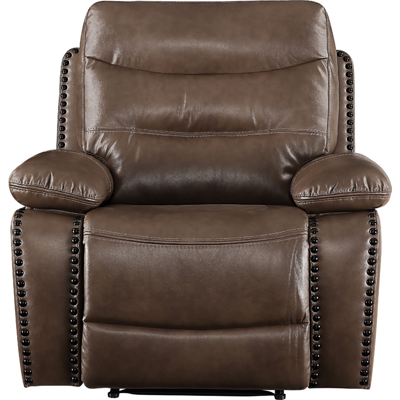 Benjara Leatherette Power Recliner with Nailhead Trim Accent- Brown