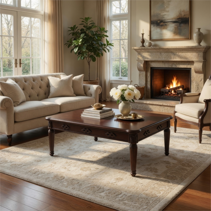 Benjara Coffee Table with Traditional Style and Turned Legs- Espresso Brown