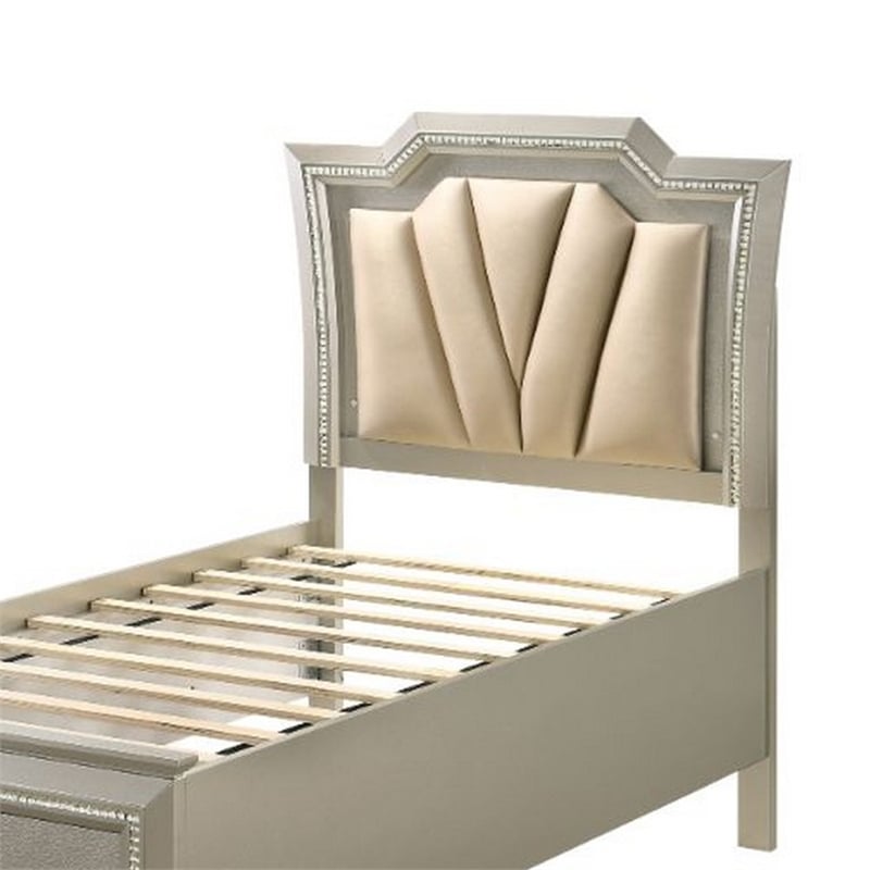 Benjara Full Bed with 1 Drawer and Padded Headboard- Champagne Gold