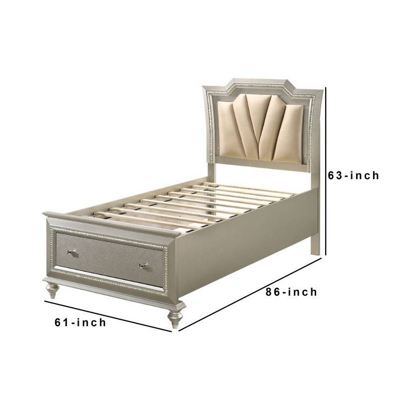 Benjara Full Bed with 1 Drawer and Padded Headboard- Champagne Gold