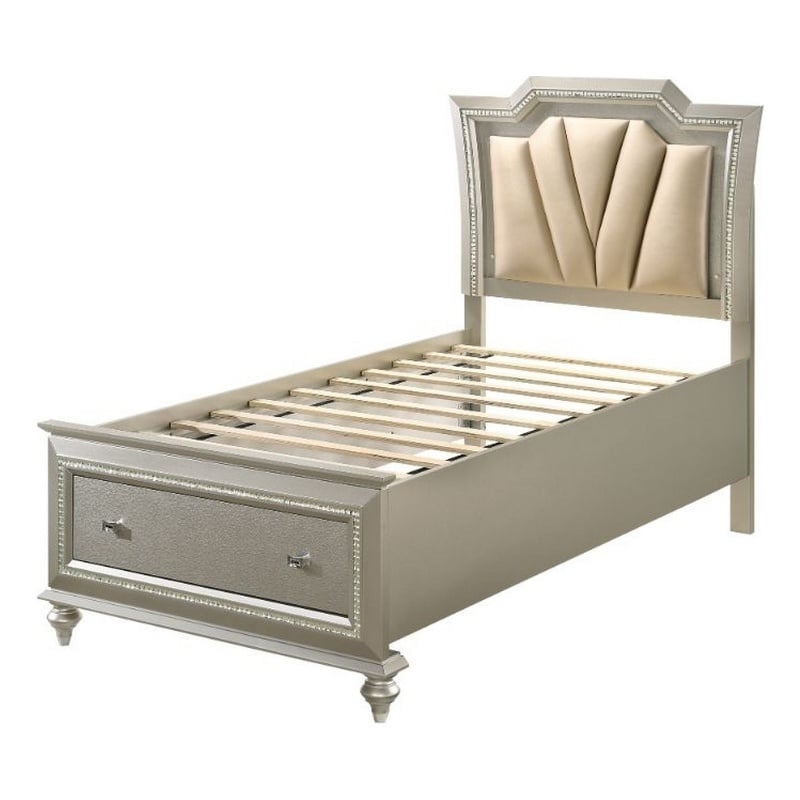 Benjara Full Bed with 1 Drawer and Padded Headboard- Champagne Gold