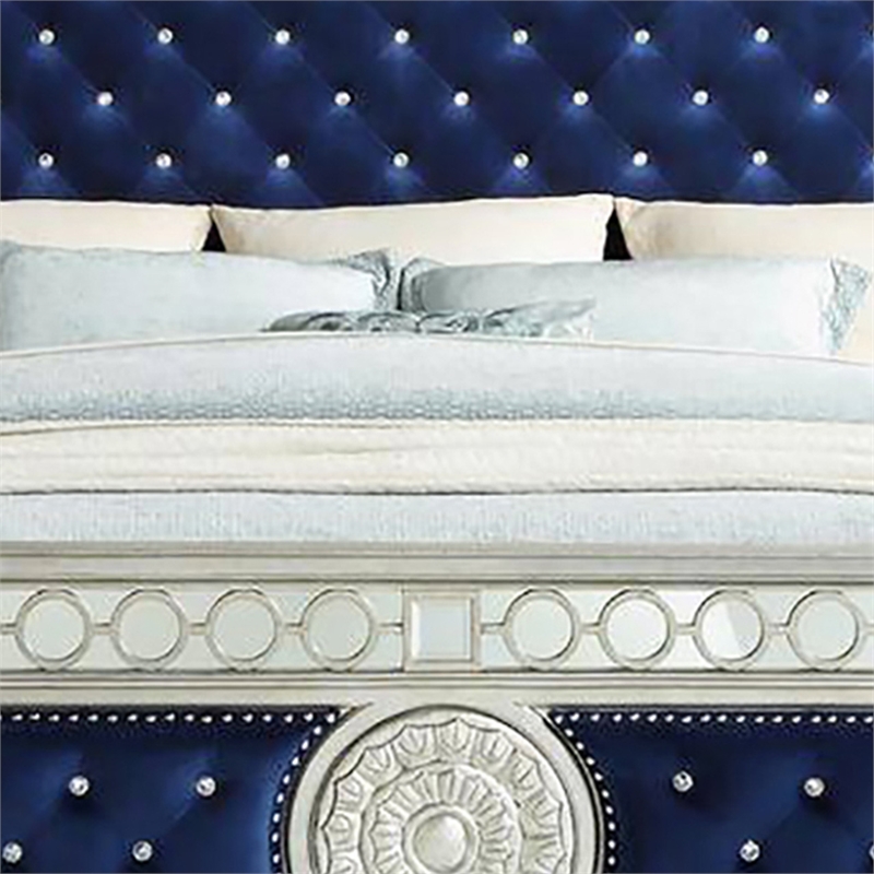 Benjara Queen Bed with Button Tufting and Mirror Trim- Black
