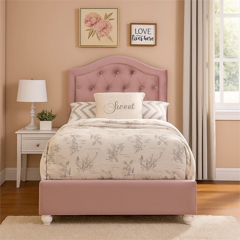 Benjara Twin Bed with Button Tufted Arched Headboard- Pink