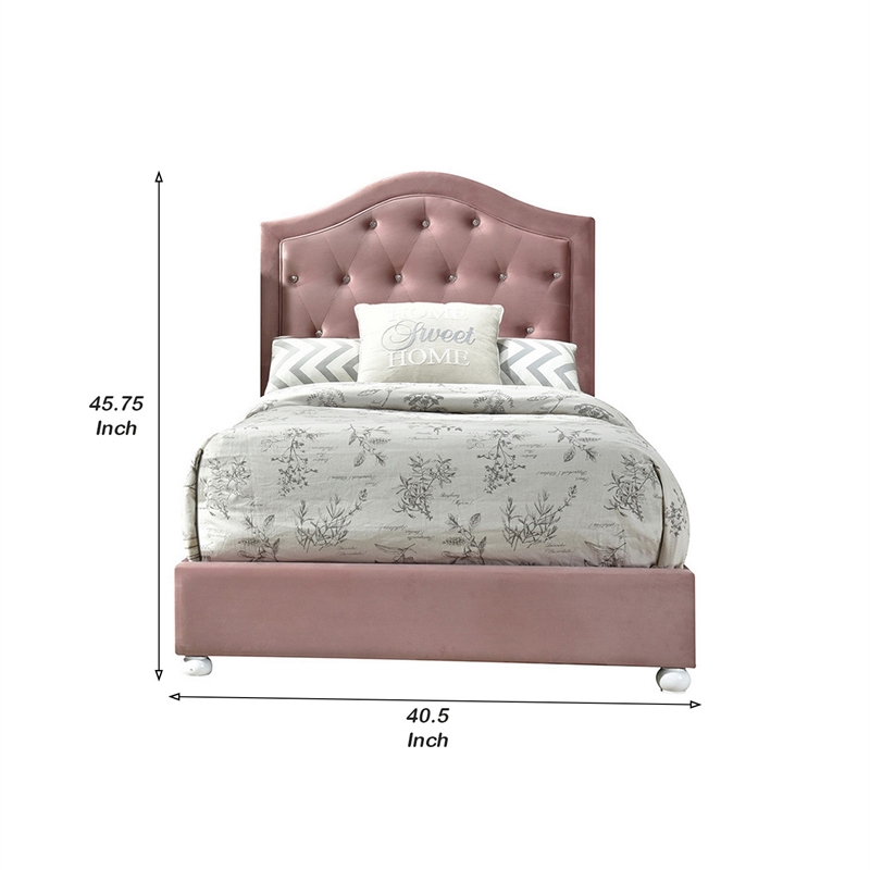 Benjara Twin Bed with Button Tufted Arched Headboard- Pink