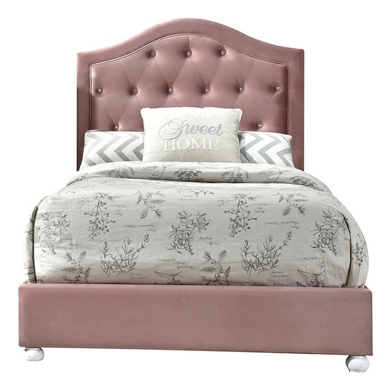 Benjara Twin Bed with Button Tufted Arched Headboard- Pink