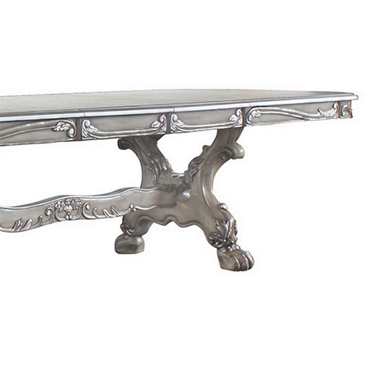 Benjara Dining Table with Scrolled Motifs and Claw Feet- Silver