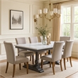 Benjara Dining Table with Marble Top and Trestle Base- White and Gray
