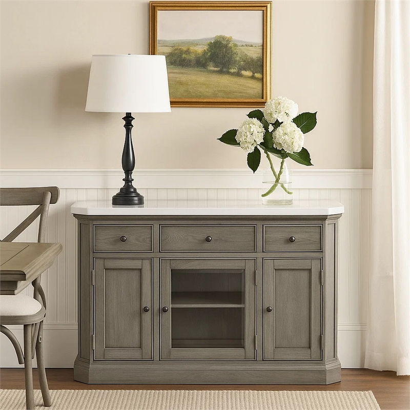 Benjara Server with Faux Marble Top and 3 Drawers- White and Brown