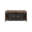 Benjara Coffee Table with 2 Barn Sliding Glass Doors and Pull Out Tray- Brown