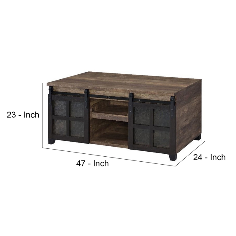Benjara Coffee Table with 2 Barn Sliding Glass Doors and Pull Out Tray- Brown