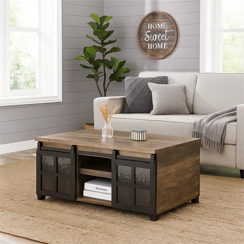 Benjara Coffee Table with 2 Barn Sliding Glass Doors and Pull Out Tray- Brown