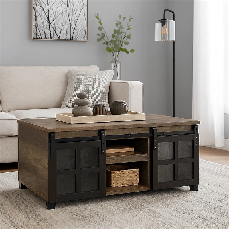 Benjara Coffee Table with 2 Barn Sliding Glass Doors and Pull Out Tray- Brown