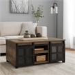 Benjara Coffee Table with 2 Barn Sliding Glass Doors and Pull Out Tray- Brown