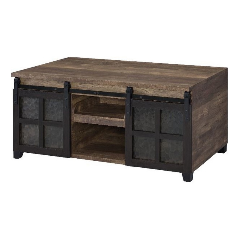Benjara Coffee Table with 2 Barn Sliding Glass Doors and Pull Out Tray- Brown