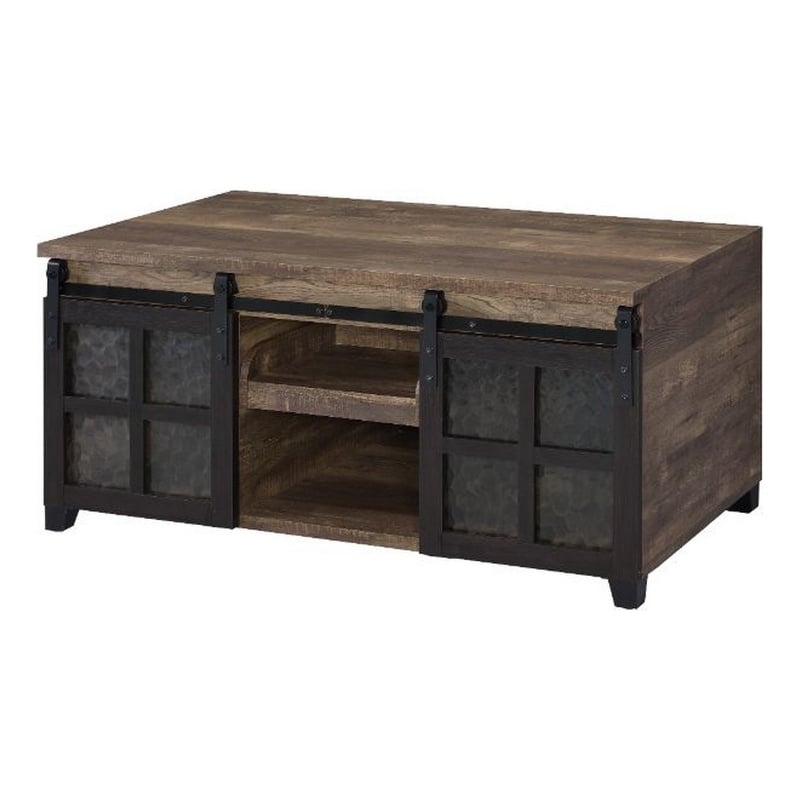 Benjara Coffee Table with 2 Barn Sliding Glass Doors and Pull Out Tray- Brown