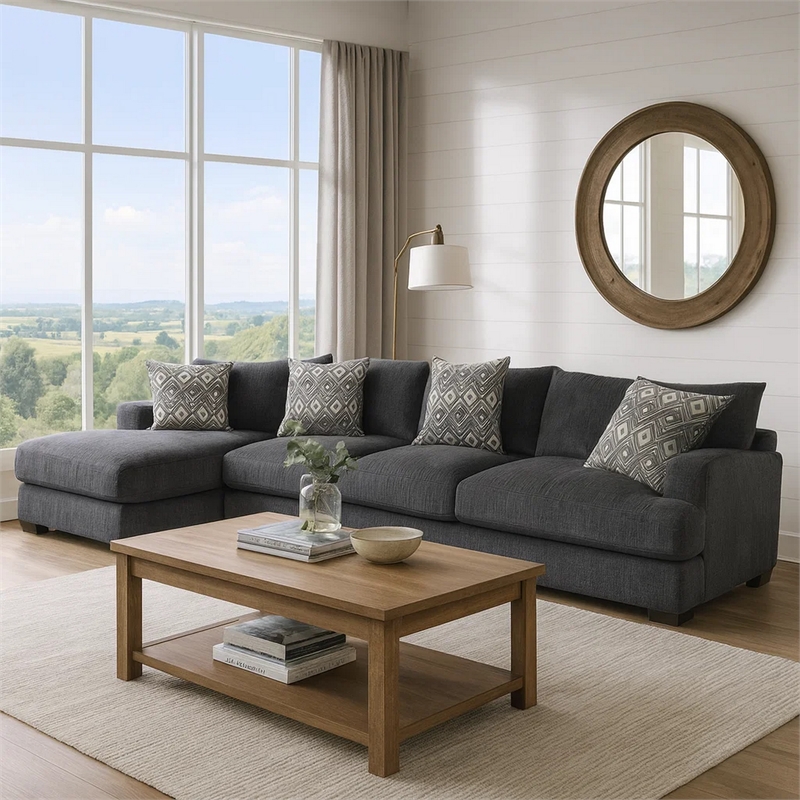 Benjara L Shaped Sectional with T Cushioned Seat- Large- Gray
