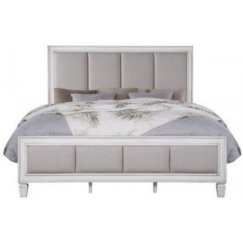 Benjara Queen Bed with Channel Tufted Fabric Padding- White and Gray