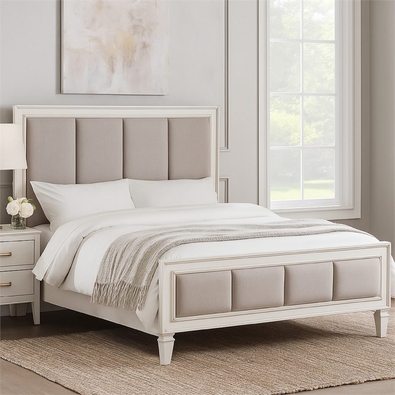 Benjara Queen Bed with Channel Tufted Fabric Padding- White and Gray