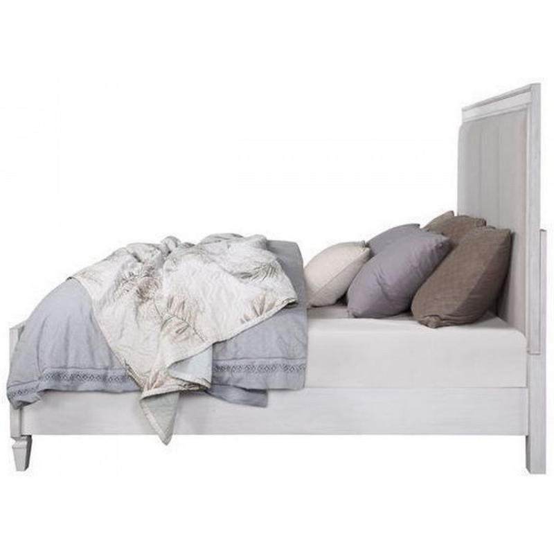 Benjara Queen Bed with Channel Tufted Fabric Padding- White and Gray