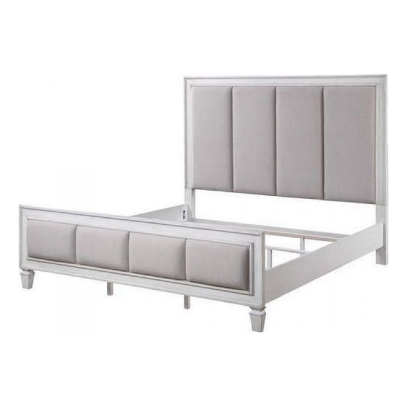 Benjara Queen Bed with Channel Tufted Fabric Padding- White and Gray