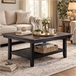 Benjara Dining Table with Rectangular Wooden Top and Open Shelf- Dark Brown