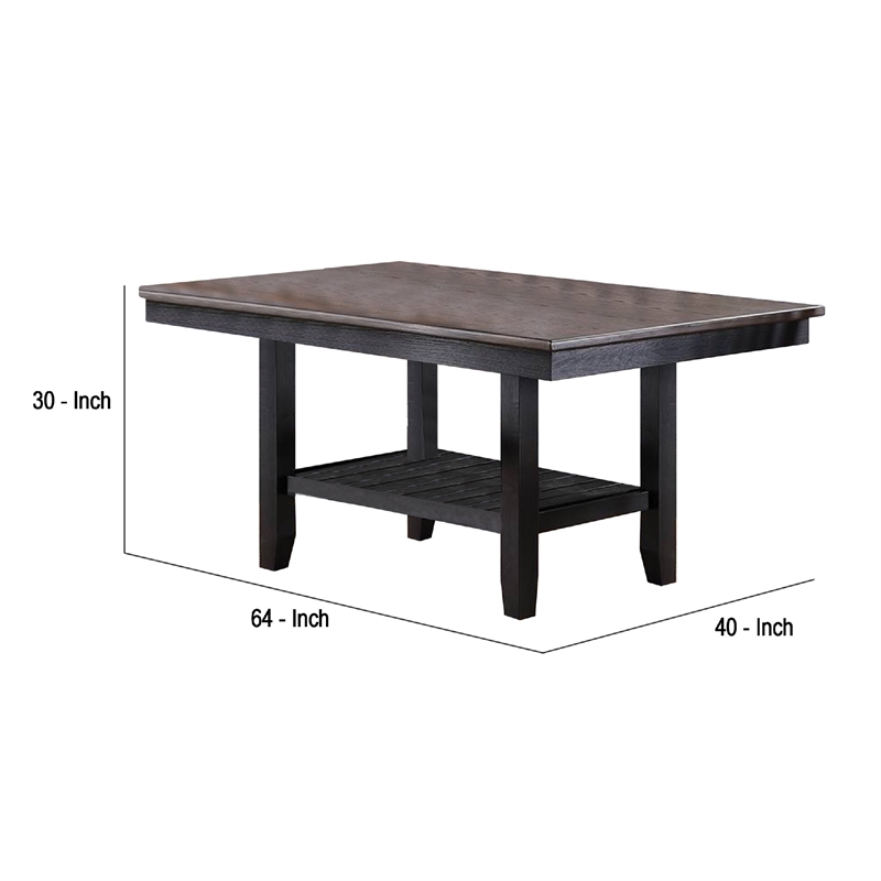 Benjara Dining Table with Rectangular Wooden Top and Open Shelf- Dark Brown