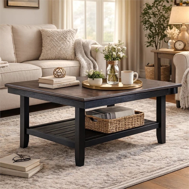 Benjara Dining Table with Rectangular Wooden Top and Open Shelf- Dark Brown