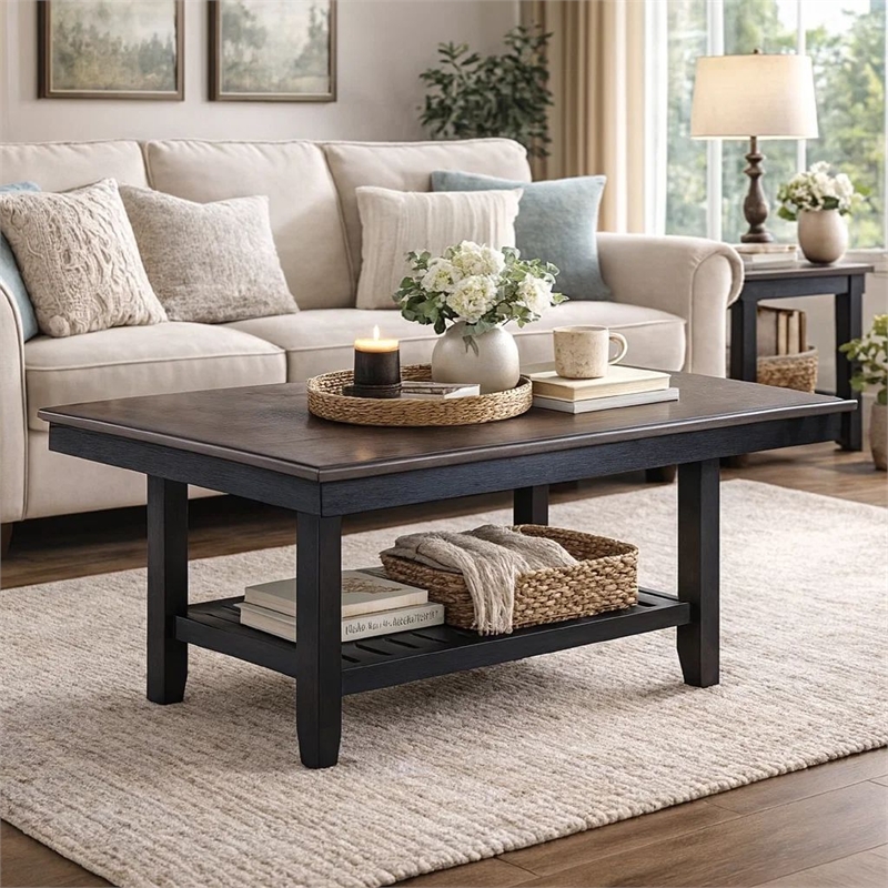 Benjara Dining Table with Rectangular Wooden Top and Open Shelf- Dark Brown