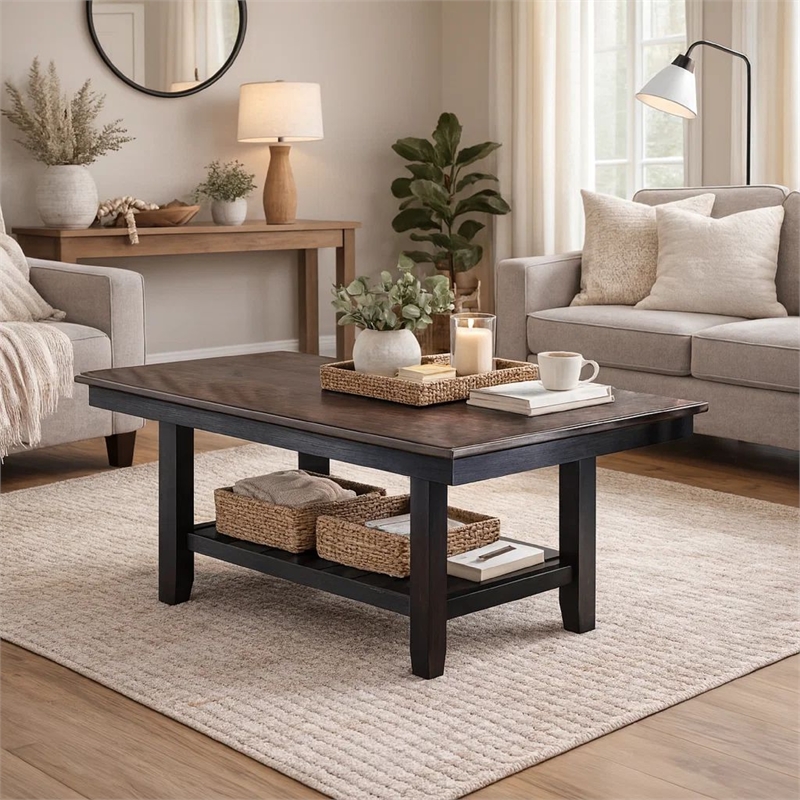 Benjara Dining Table with Rectangular Wooden Top and Open Shelf- Dark Brown
