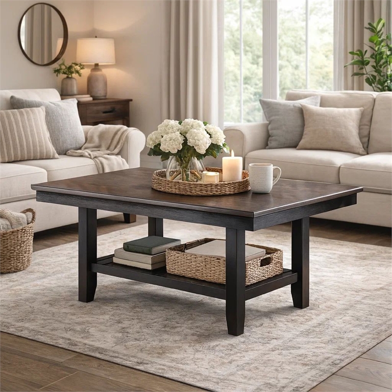 Benjara Dining Table with Rectangular Wooden Top and Open Shelf- Dark Brown