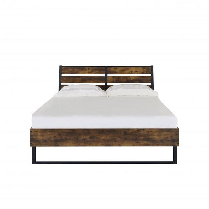 Benjara Eastern King Bed with Panel Headboard and Metal Slats- Brown and Black