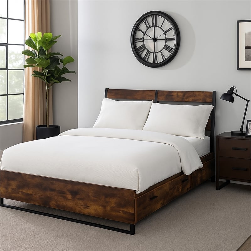 Benjara Eastern King Bed with 6 Drawers and Metal Slats- Brown and Black