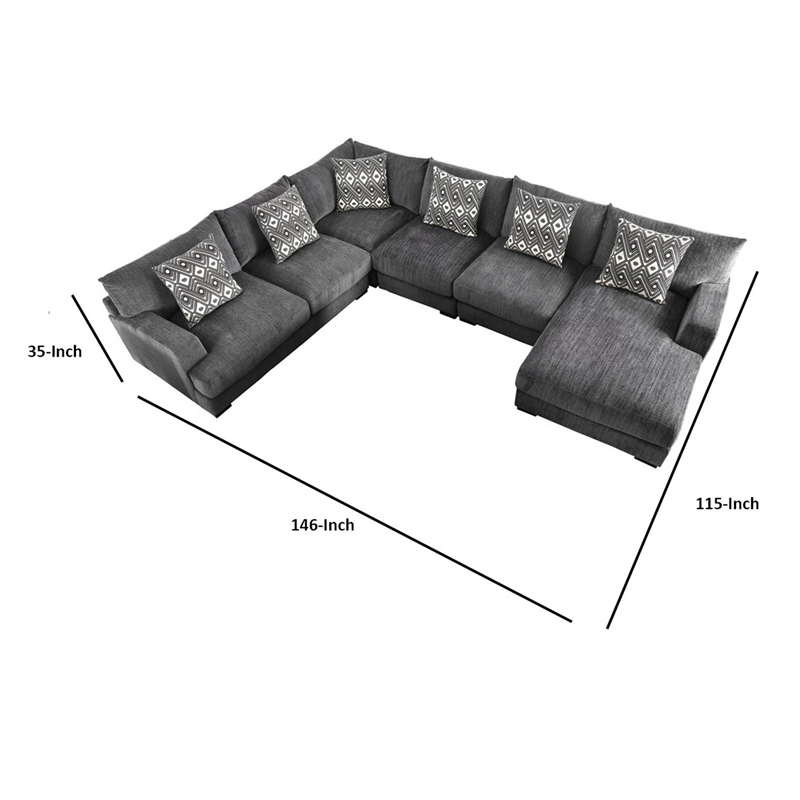 Benjara U Shaped Sectional with 6 Accent Pillows- Gray