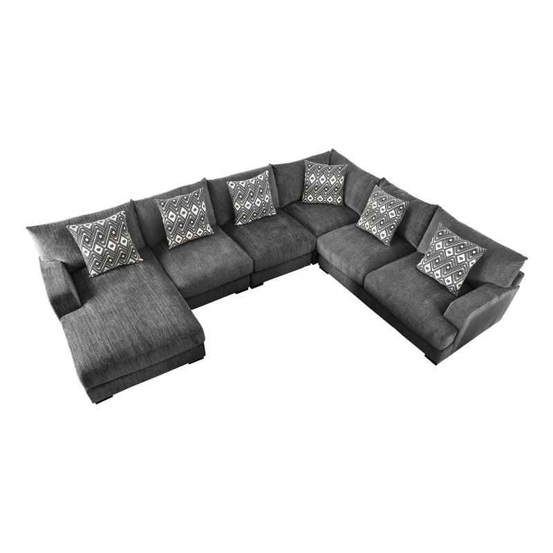 Benjara U Shaped Sectional with 6 Accent Pillows- Gray