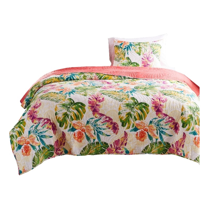 Benjara Aulne 2 Piece Twin Quilt Set with Leaf Print- Multicolor