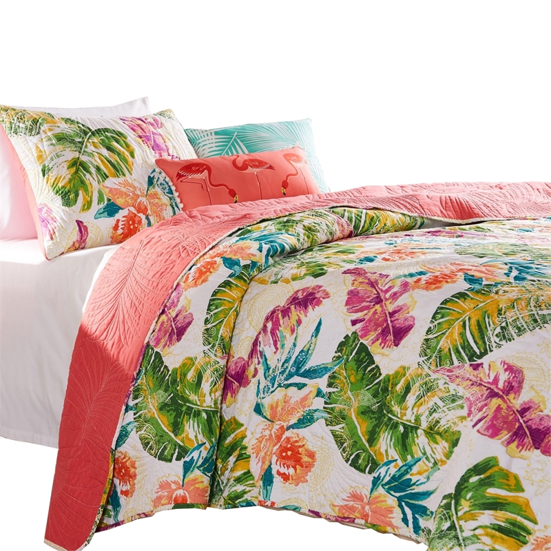 Benjara Aulne 2 Piece Twin Quilt Set with Leaf Print- Multicolor