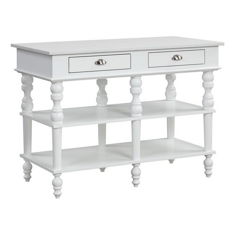 Benjara Kitchen Island with Artificial Marble Top and Turned Legs- White