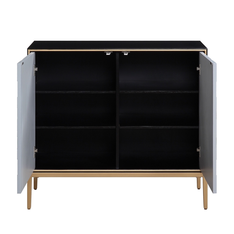 Benjara Console Table with 2 Doors and Sunburst Design- Gray