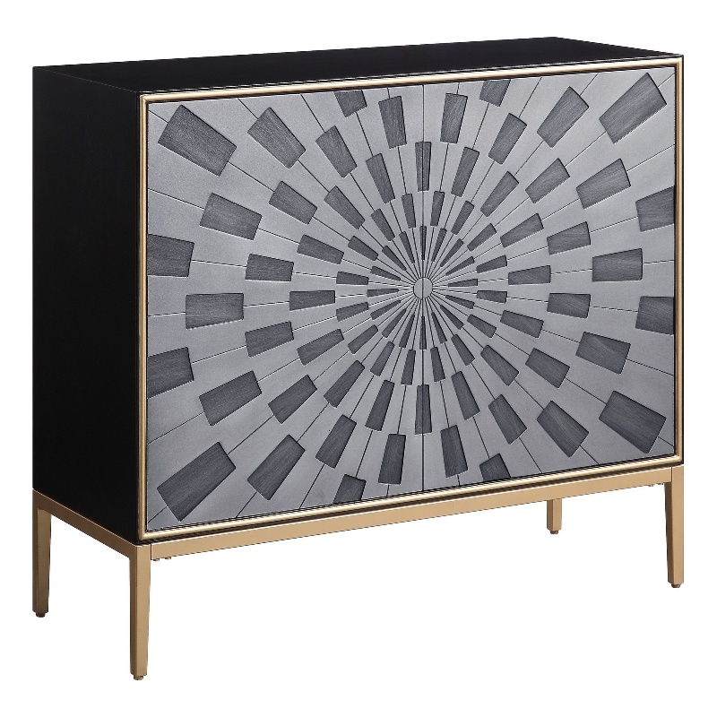 Benjara Console Table with 2 Doors and Sunburst Design- Gray