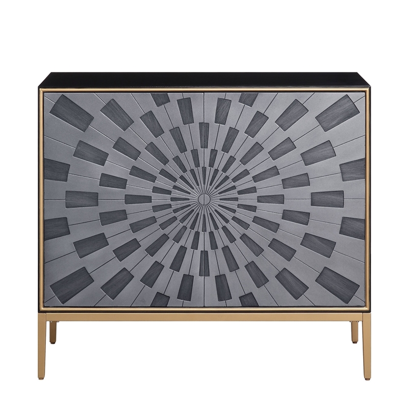 Benjara Console Table with 2 Doors and Sunburst Design- Gray