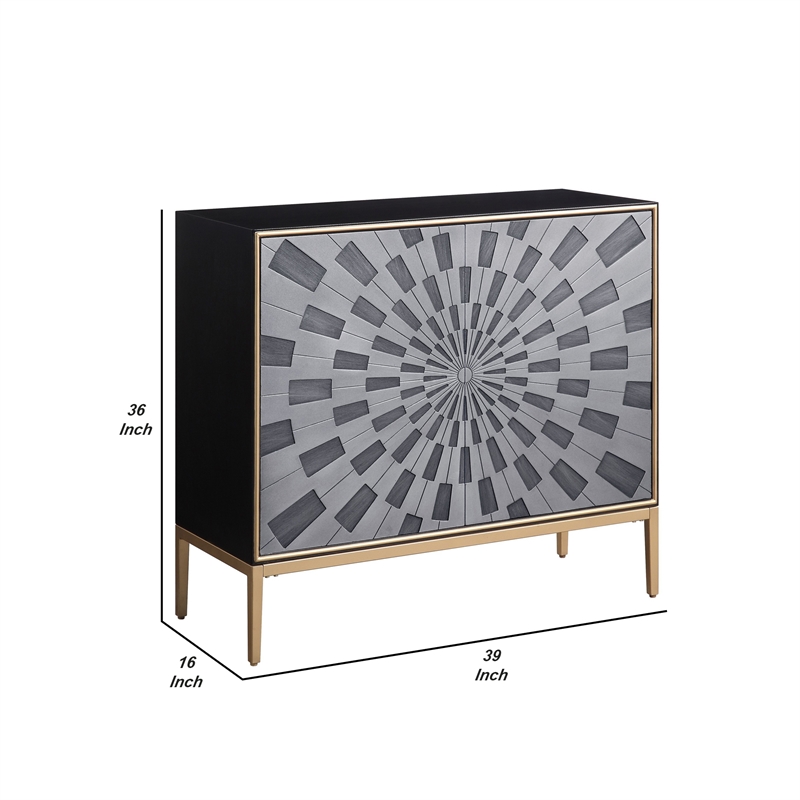Benjara Console Table with 2 Doors and Sunburst Design- Gray