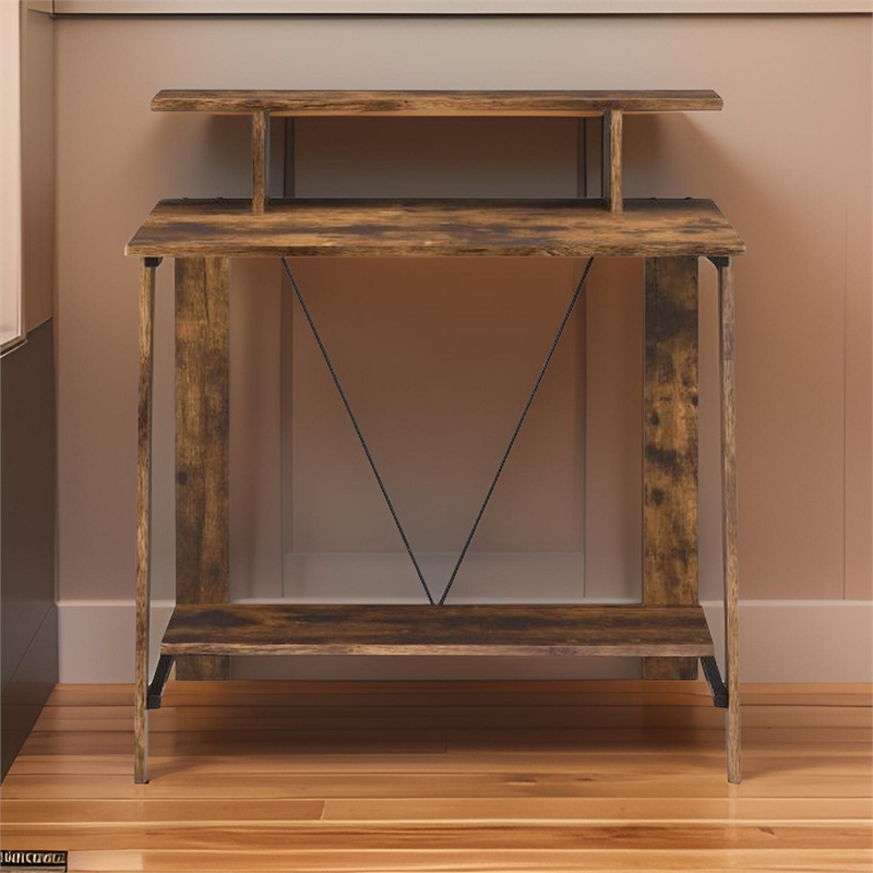 Benjara Writing Desk with V Shaped Frame- Weathered Oak and Black