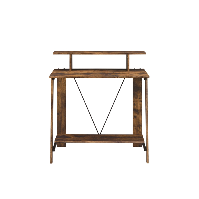 Benjara Writing Desk with V Shaped Frame- Weathered Oak and Black